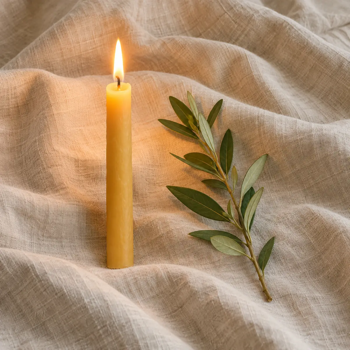 A lit beeswax candle and an olive sprig on linen