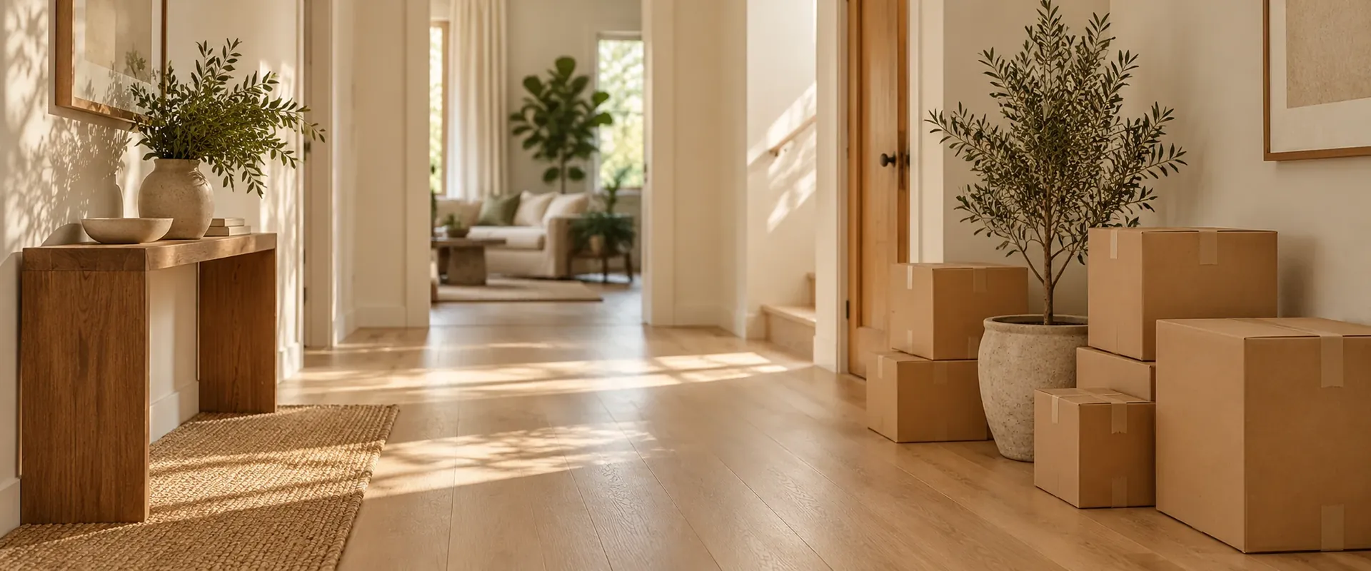 Taped cardboard moving boxes stacked beside a potted olive tree in a bright hallway with oak floors