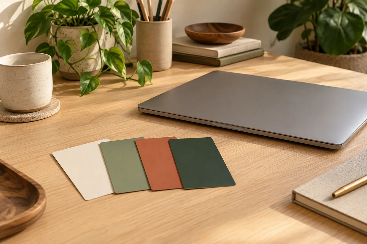 Colour swatches beside a closed laptop on an oak desk