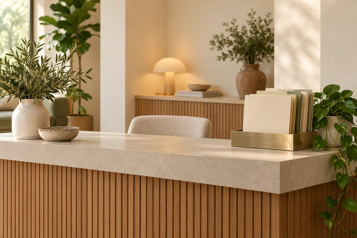 A clinic reception desk with blank folders in a brass tray