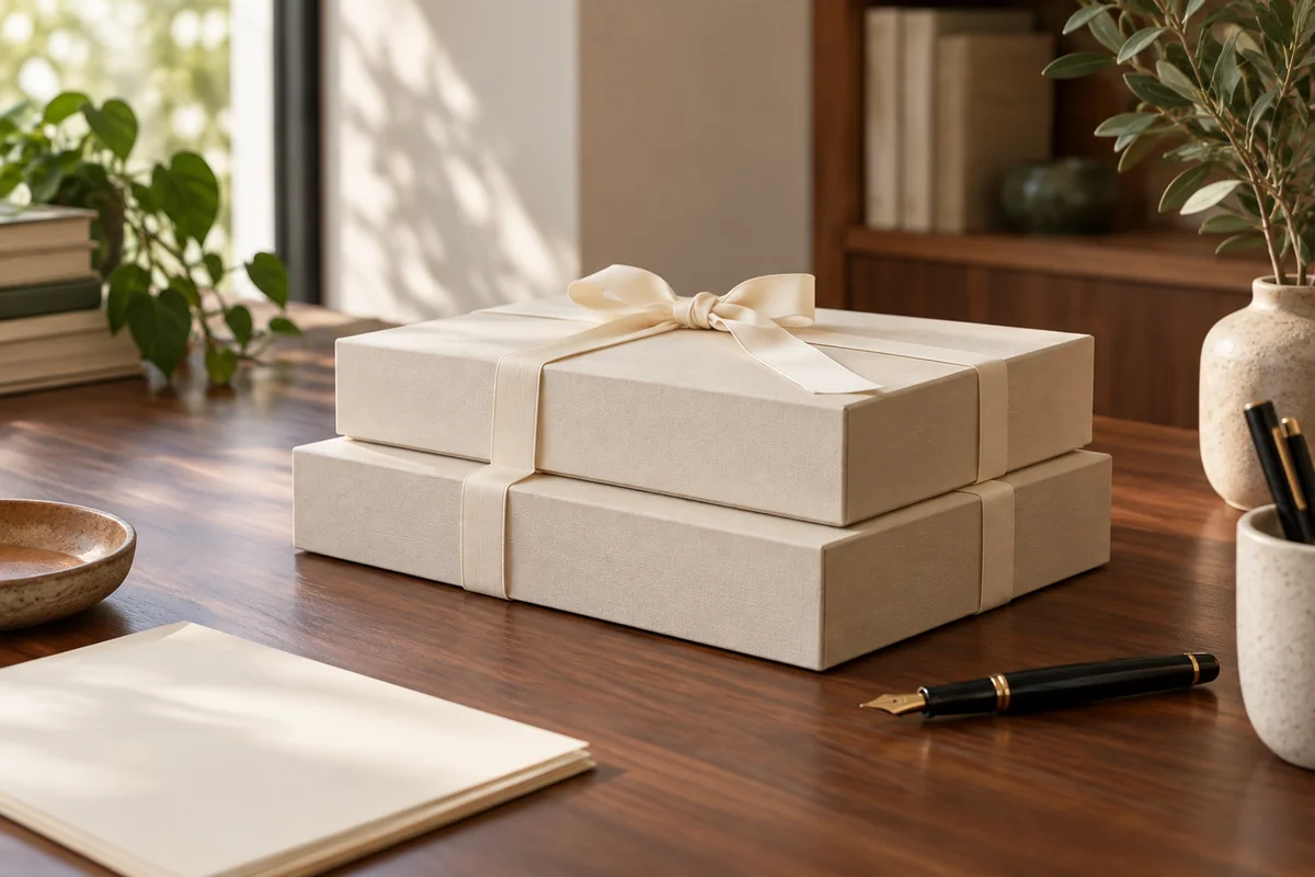 Two document boxes tied with ribbon beside a fountain pen on a walnut desk