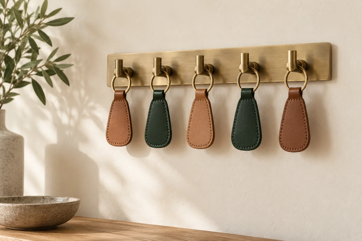 A row of brass hooks holding leather key fobs on a plaster wall