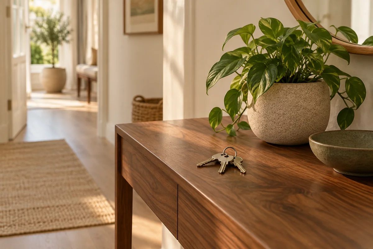 A bunch of house keys on a walnut hall table beside a plant