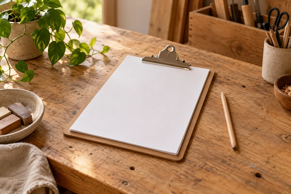 A clipboard of blank job sheets and a pencil on a timber workbench