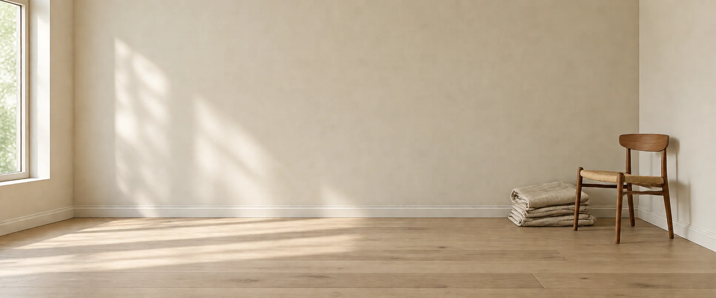An empty room with oak floorboards, a single wooden chair and a pile of folded linen against a plain wall