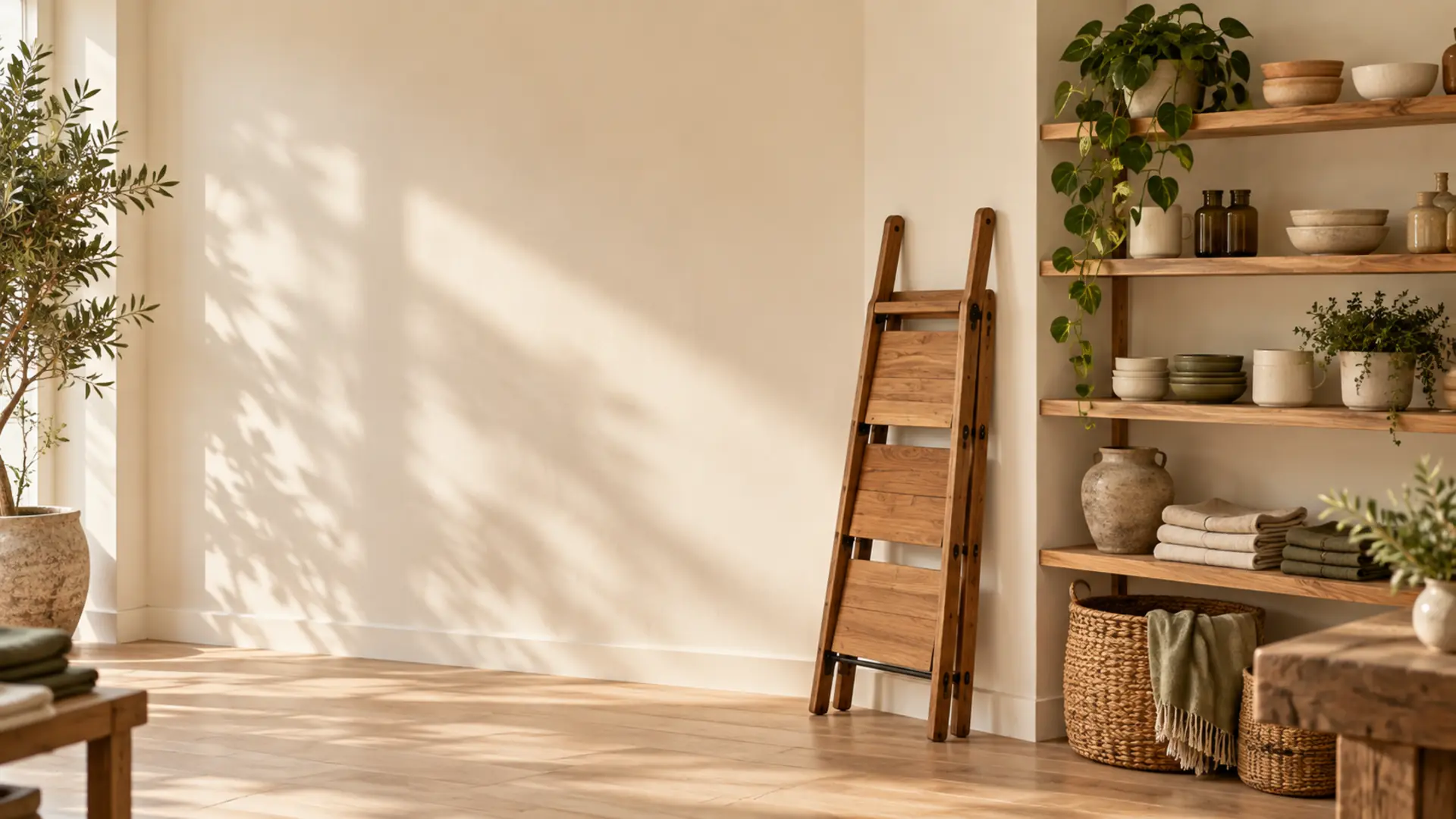 A freshly repainted shop with a timber ladder against the wall and shelves being restocked