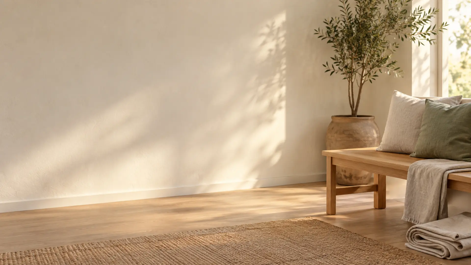 A bright reception corner mid-refresh, a bench with new linen cushions and a folded dust sheet