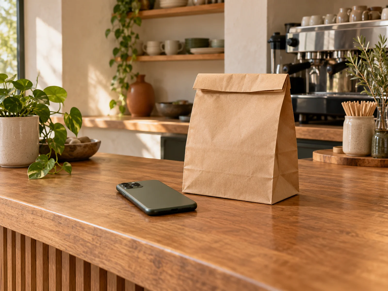 A phone lying face down beside a kraft takeaway bag on a timber café counter