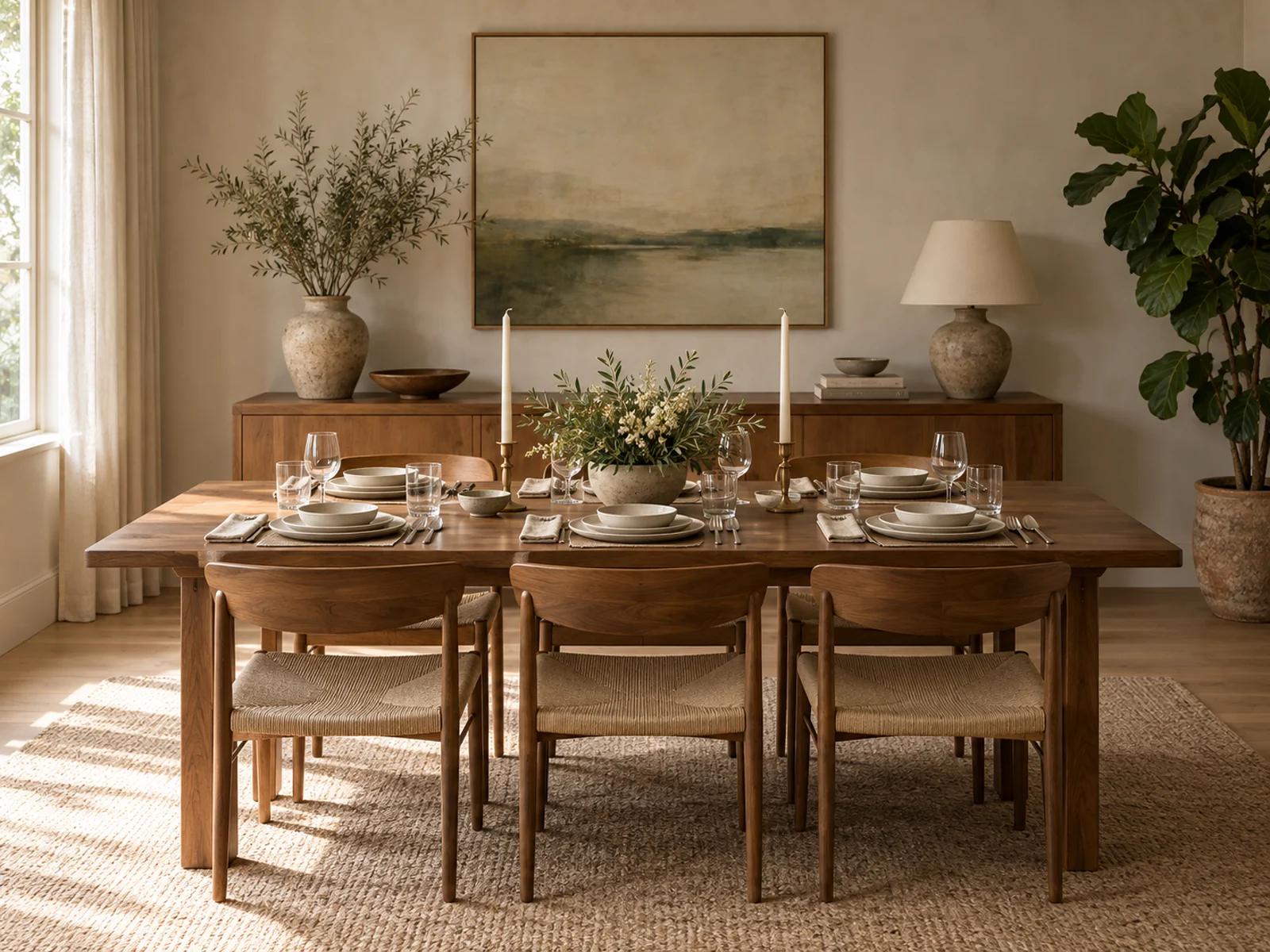 A dining room laid for service, with stoneware plates, unlit candles and rush-seat chairs tucked in at a walnut table