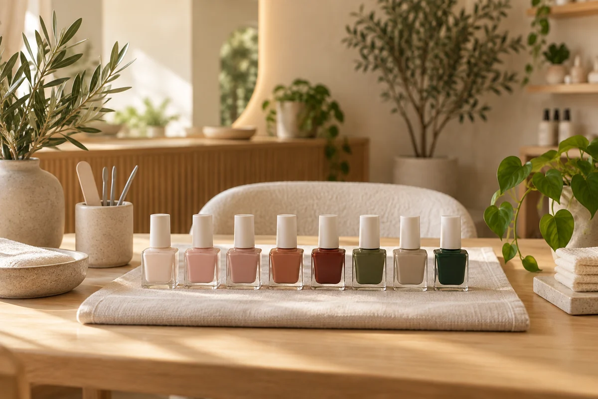 A neat row of nail polish bottles on linen at a nail bar