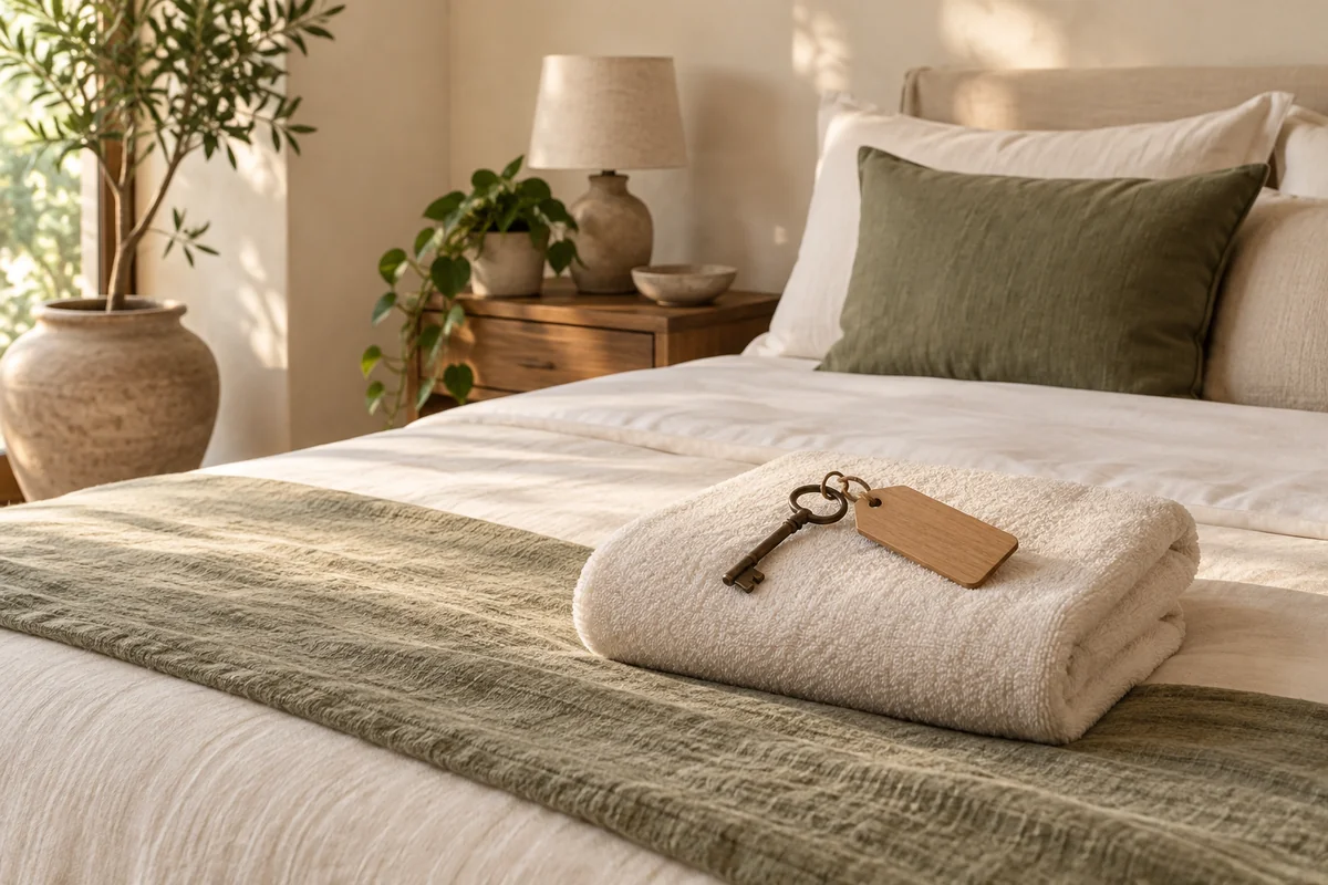 A made guesthouse bed with a folded towel and a room key on a timber tag
