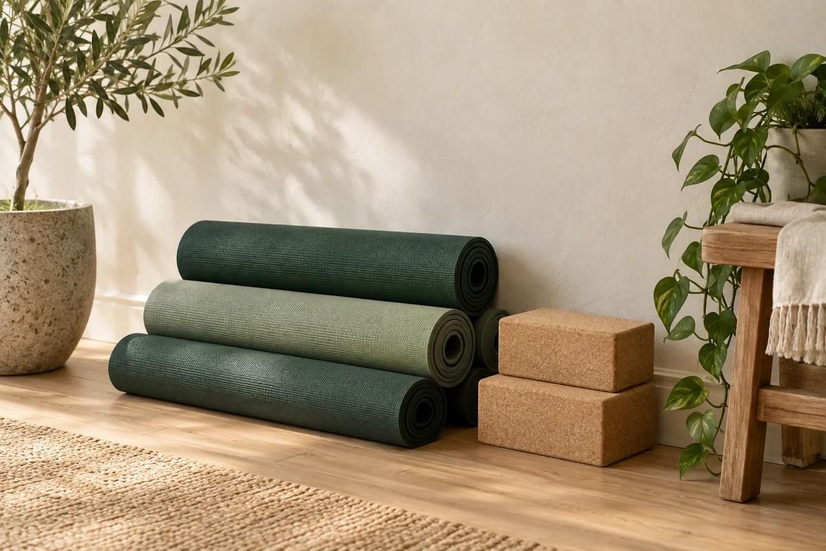 Rolled exercise mats and cork blocks stacked against a plaster wall in a studio