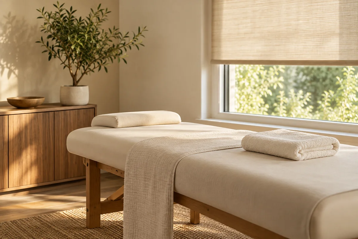 A treatment couch with a folded towel in a calm room, the blind half drawn