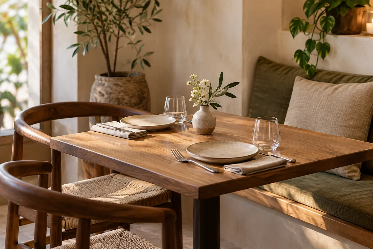 A café table for two laid with stoneware plates, glasses and a small bud vase