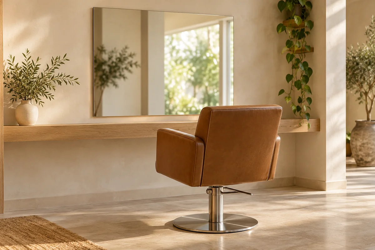 An empty tan leather salon chair facing a plain mirror that reflects the window