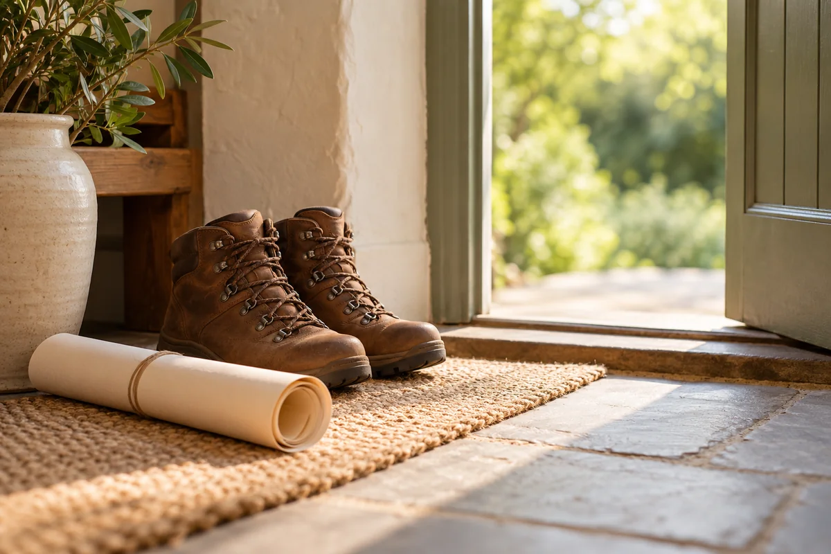 Walking boots and a rolled map on a mat by an open cottage door