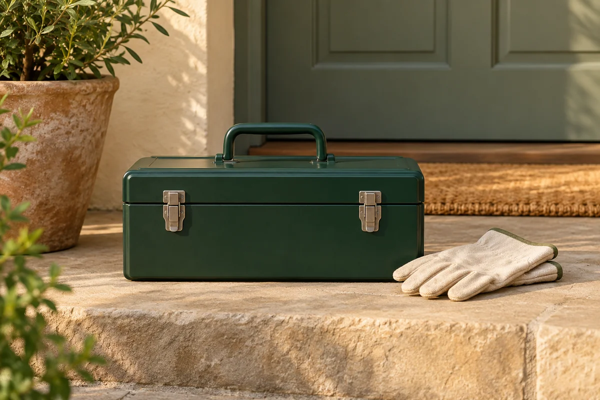 A green toolbox and a pair of work gloves on a front step