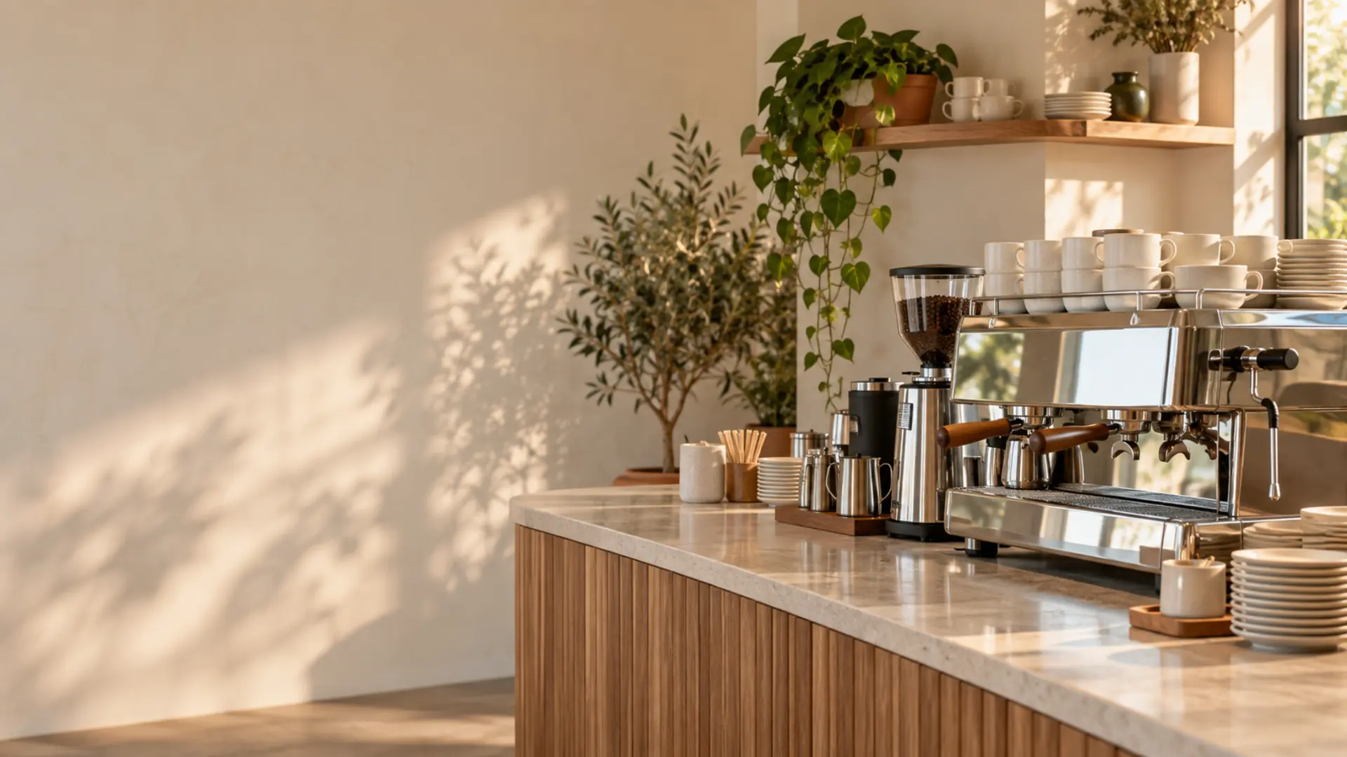 A café counter at opening time, cups stacked beside a gleaming coffee machine