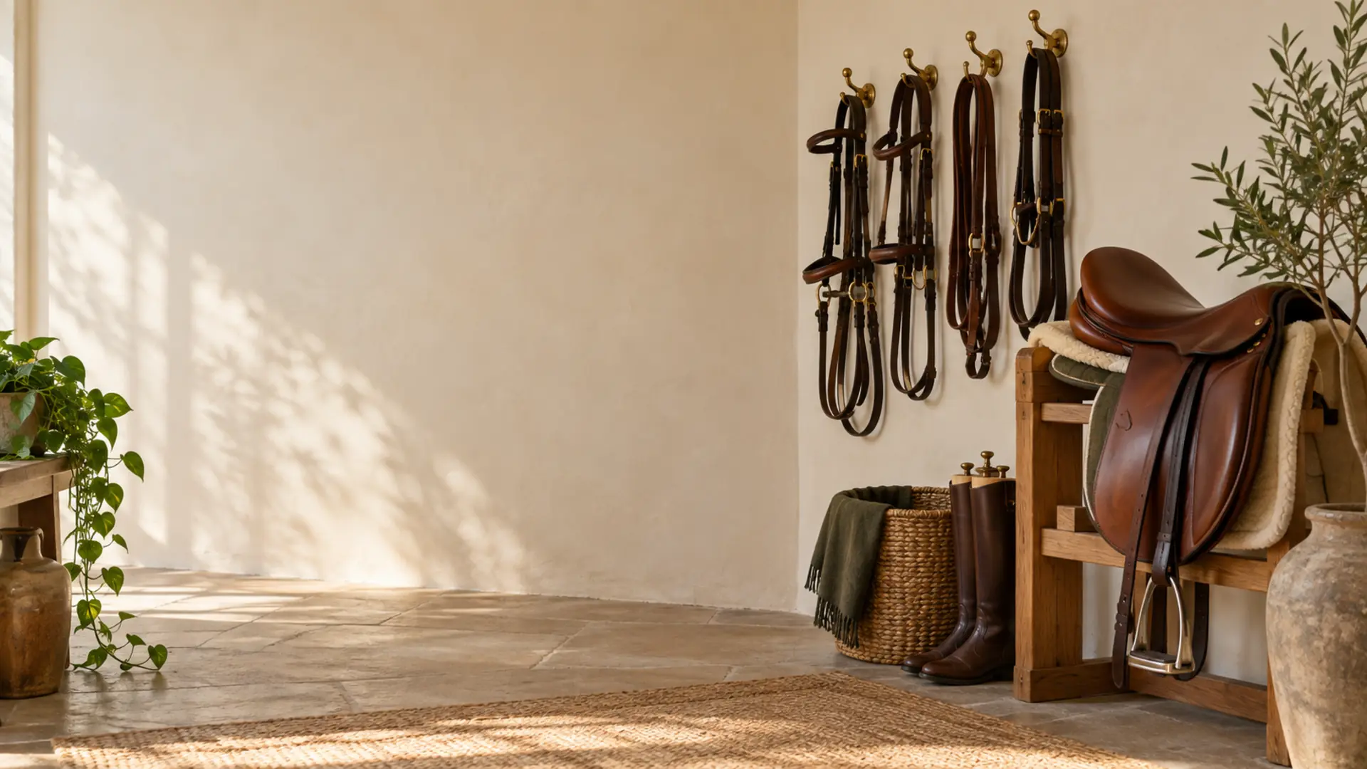 A tack room with bridles on brass hooks and a saddle on a timber rack