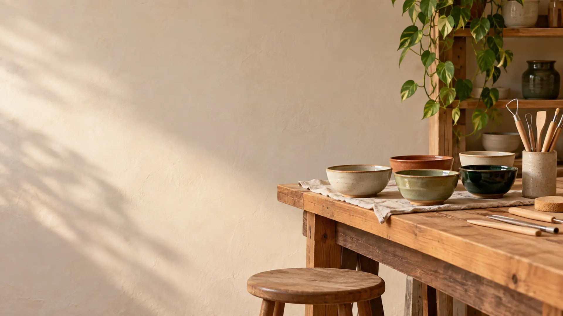 A potter's bench with a row of glazed bowls drying beside a stool