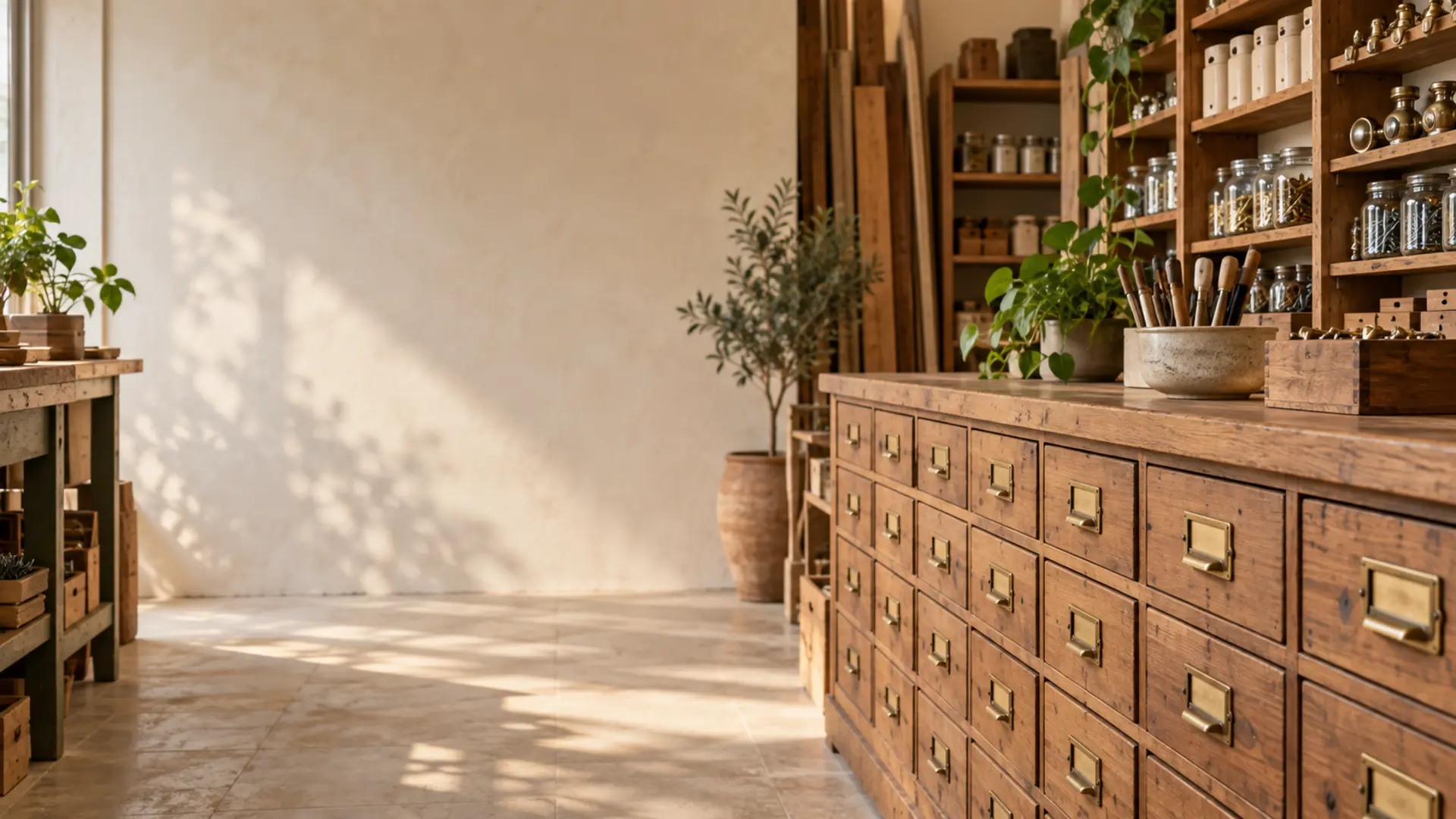 A hardware shop aisle of timber drawers with brass label frames