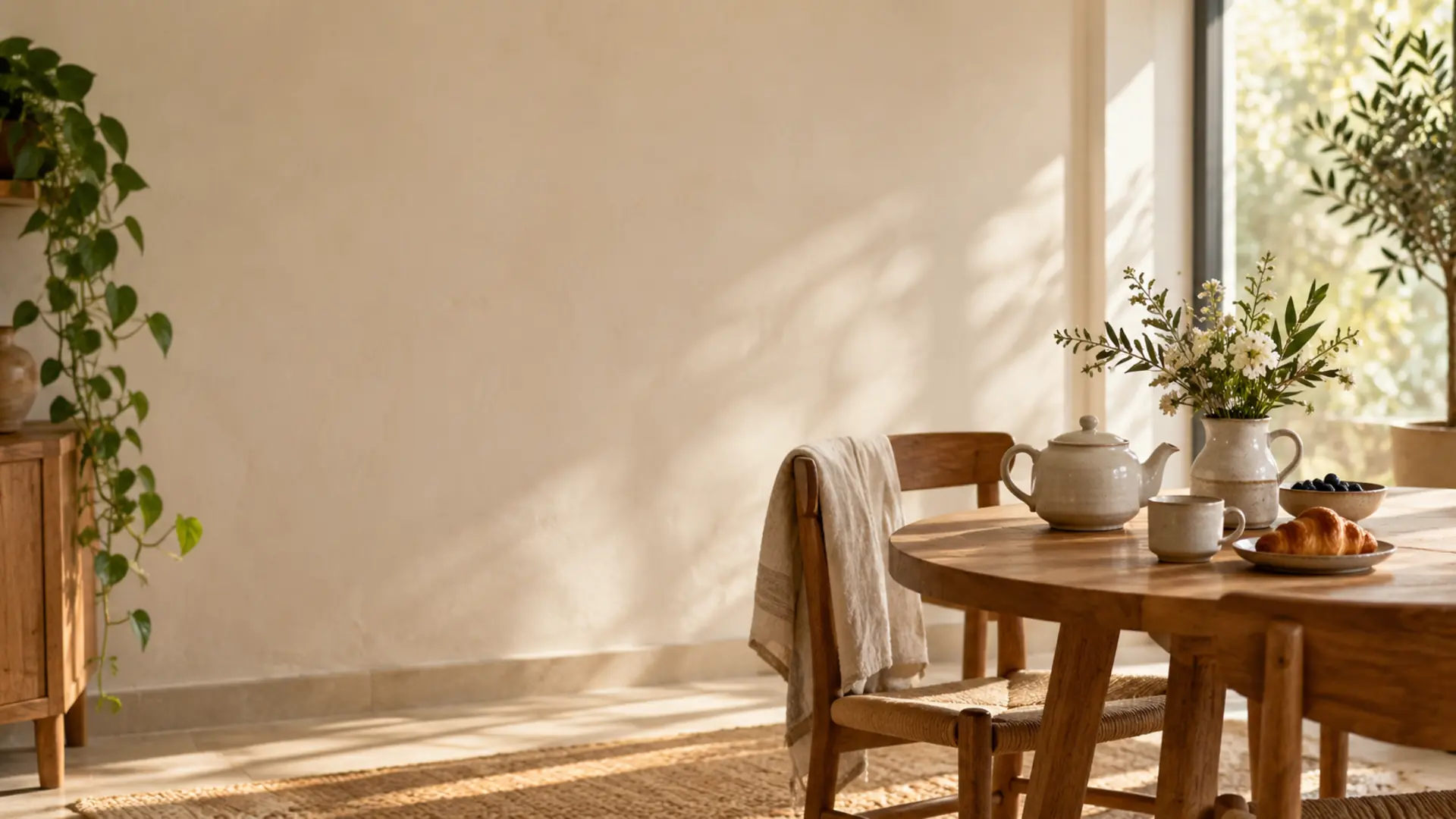 A guesthouse breakfast table laid with a teapot, cups and a jug of flowers