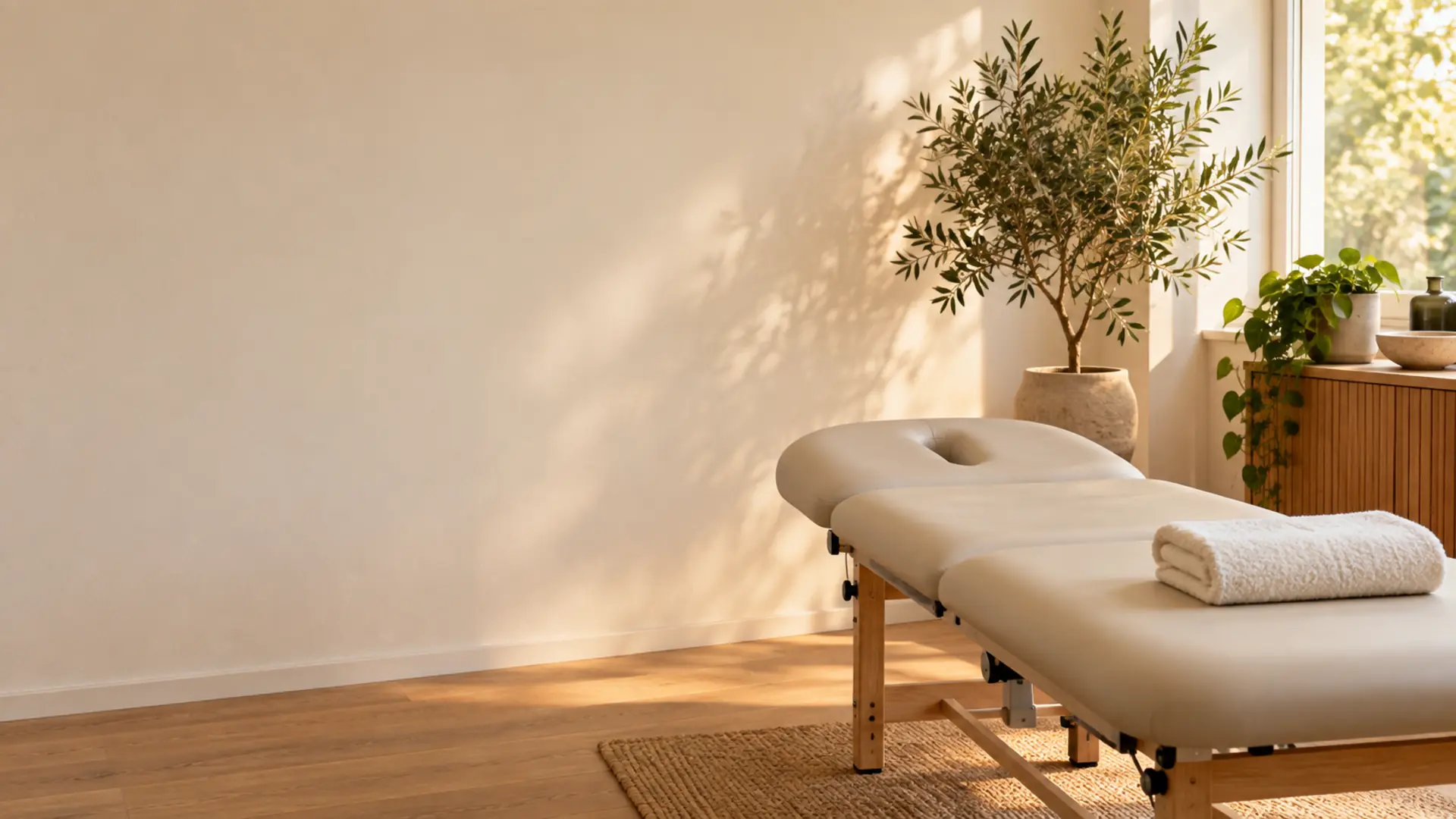 A physio treatment couch with a folded towel beside a sunlit window