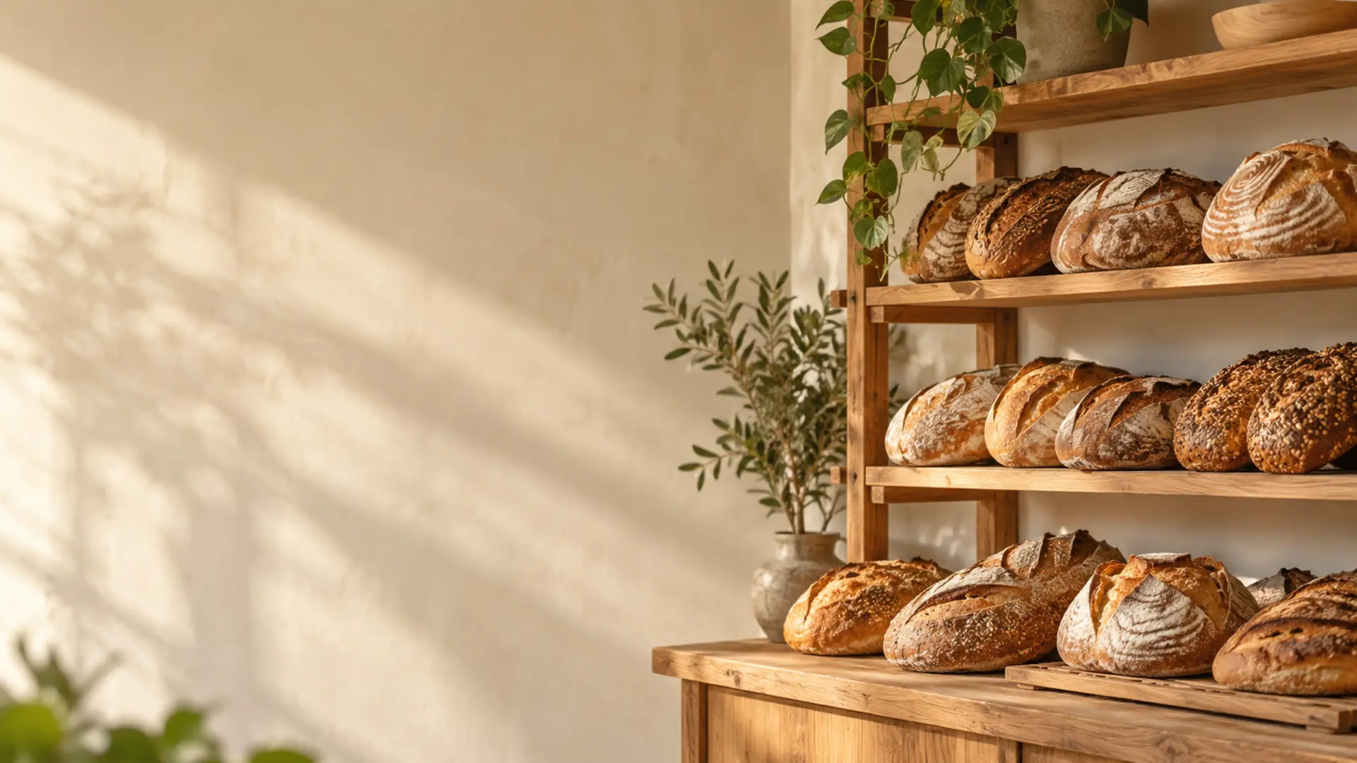Timber bakery shelves stacked with fresh loaves in morning light