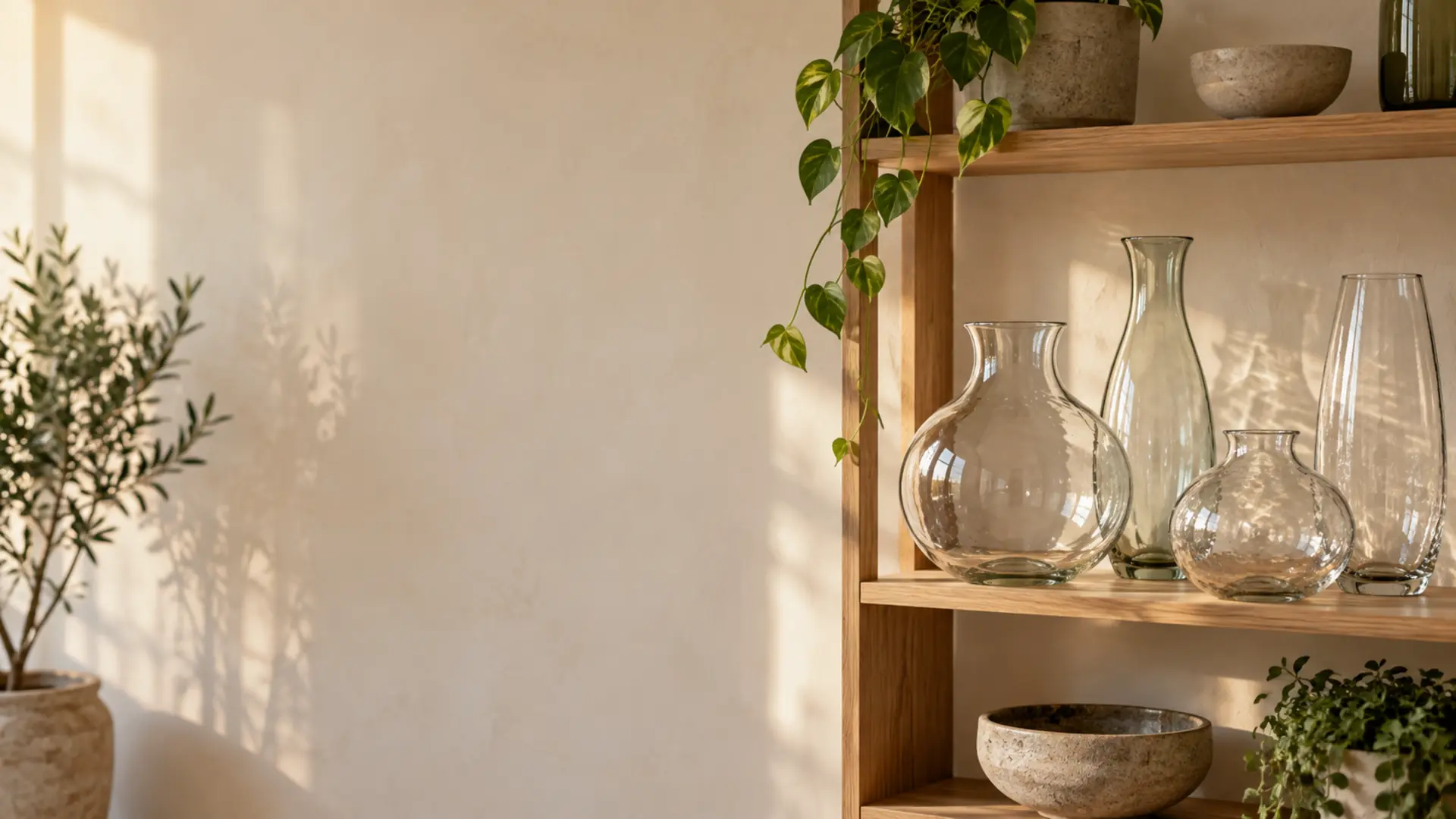 A glass studio shelf of clear handmade vases catching the window light