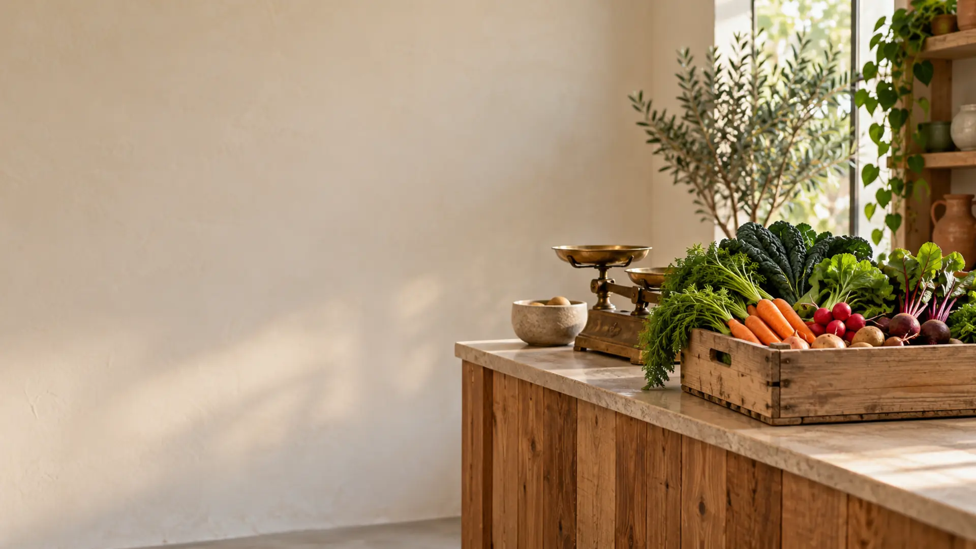 A farm shop counter with a crate of fresh vegetables and brass scales