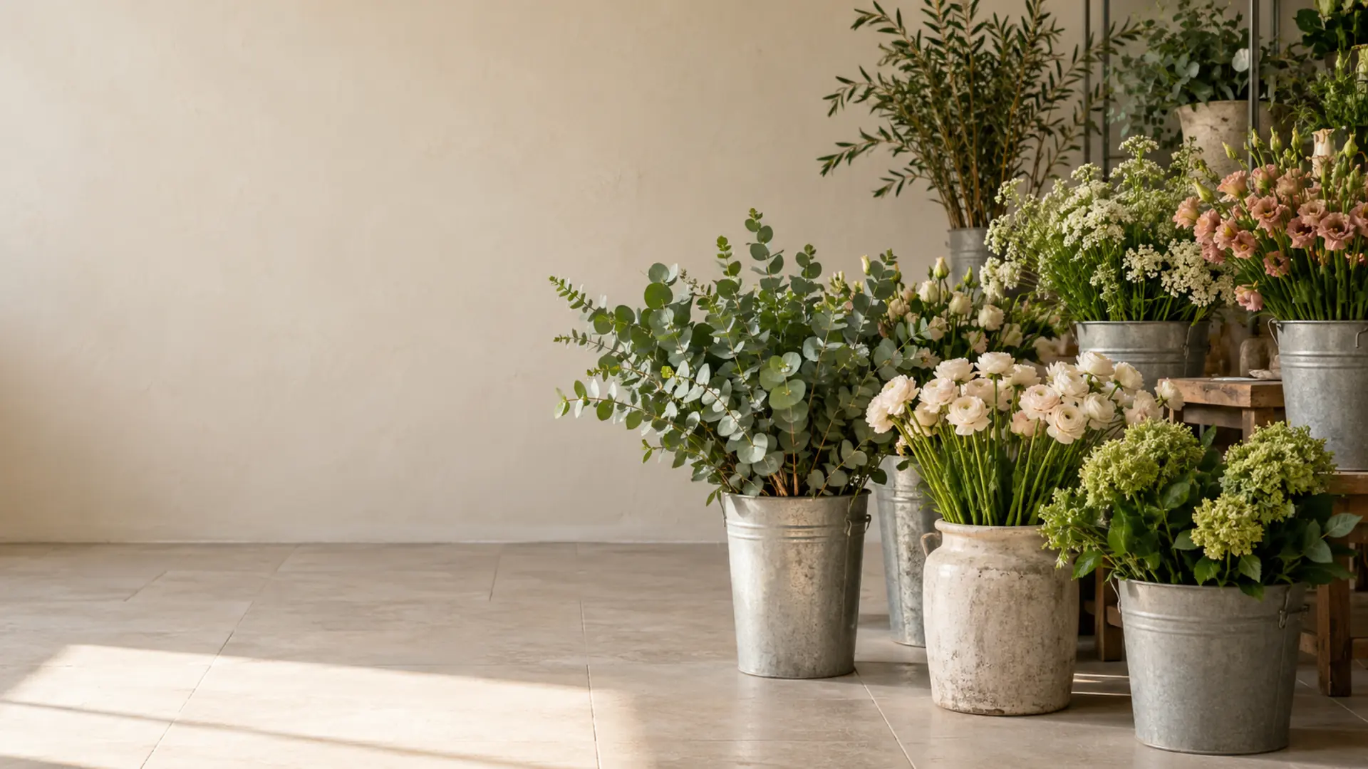 A florist's room of zinc buckets filled with cut flowers and eucalyptus