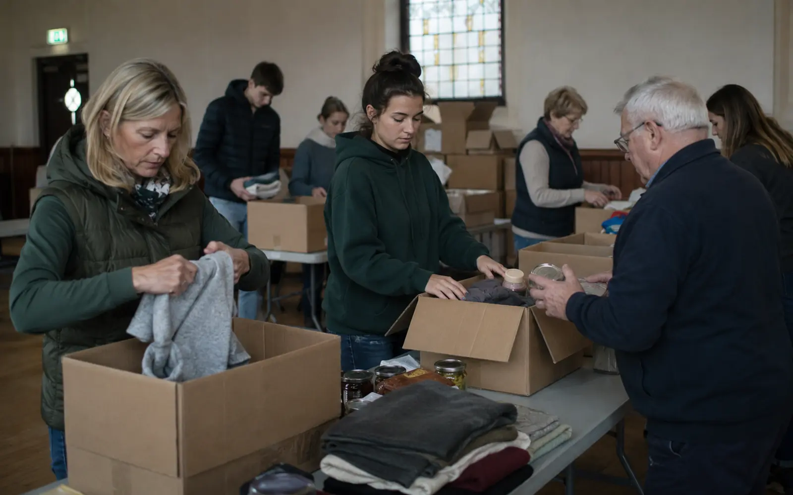 Volunteers packing humanitarian aid boxes together