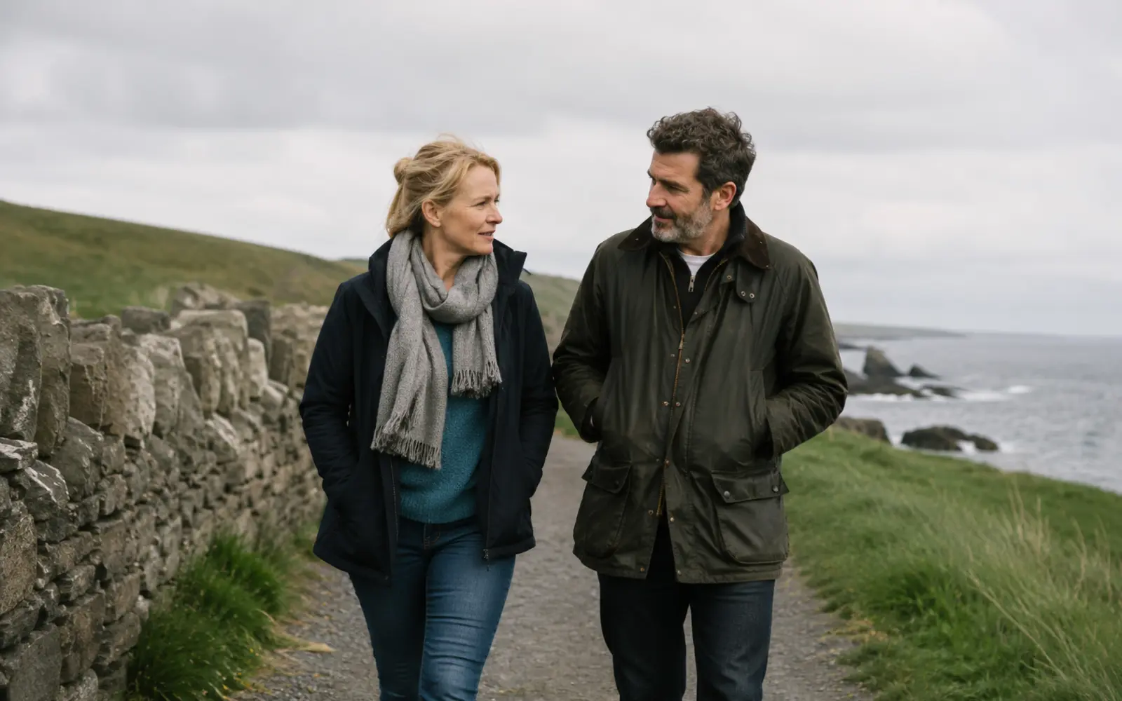 Two people walking and talking together by the sea