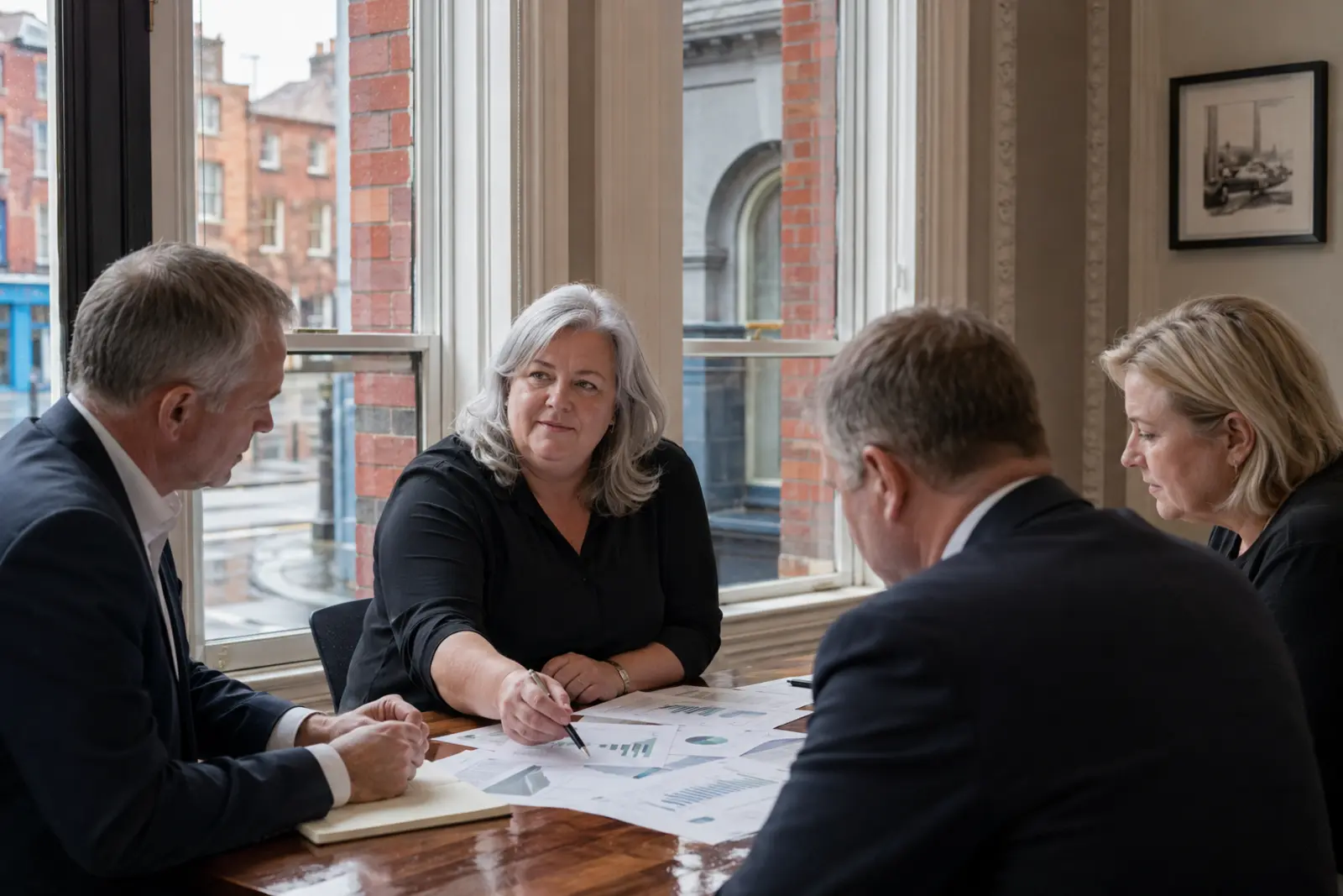 An accountancy team reviewing financial reports around a boardroom table
