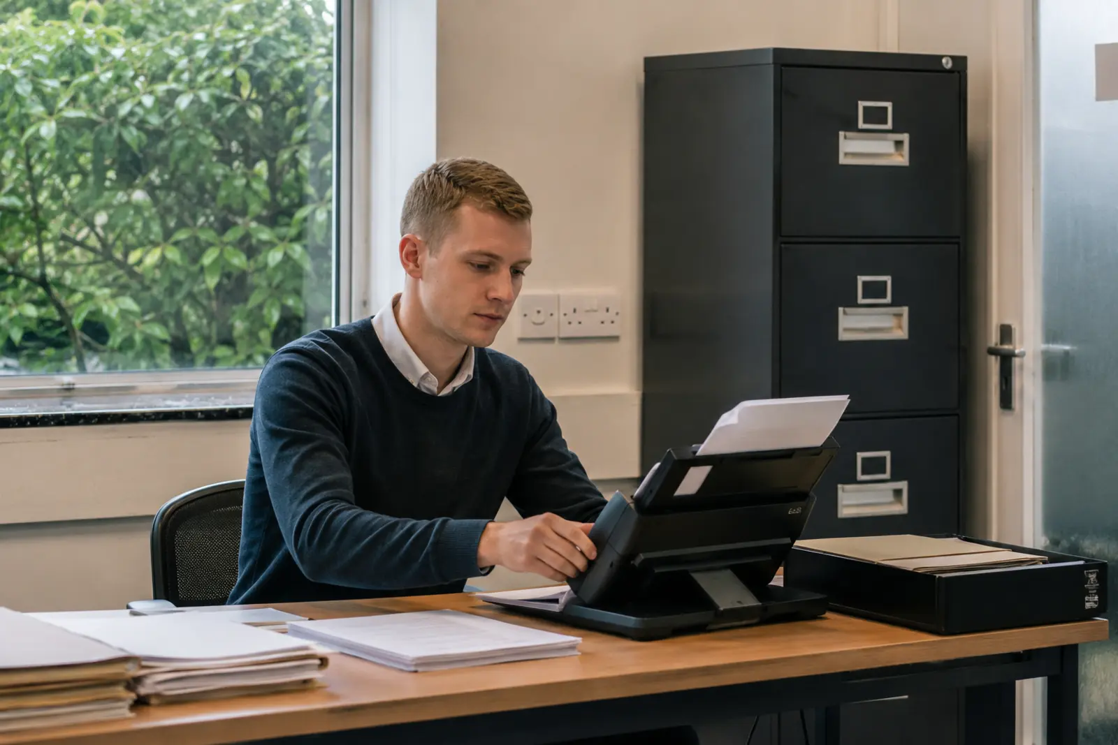 An accountant scanning client documents at a desk beside a filing cabinet