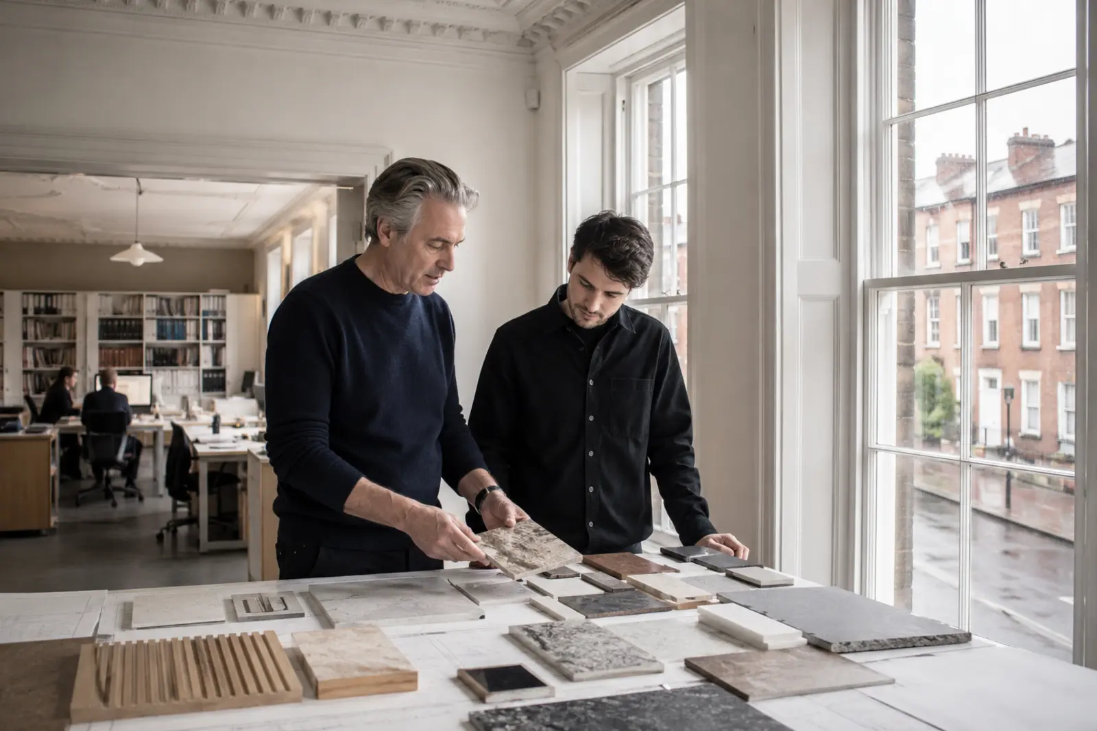 Two architects reviewing stone and material samples by the window of a period studio
