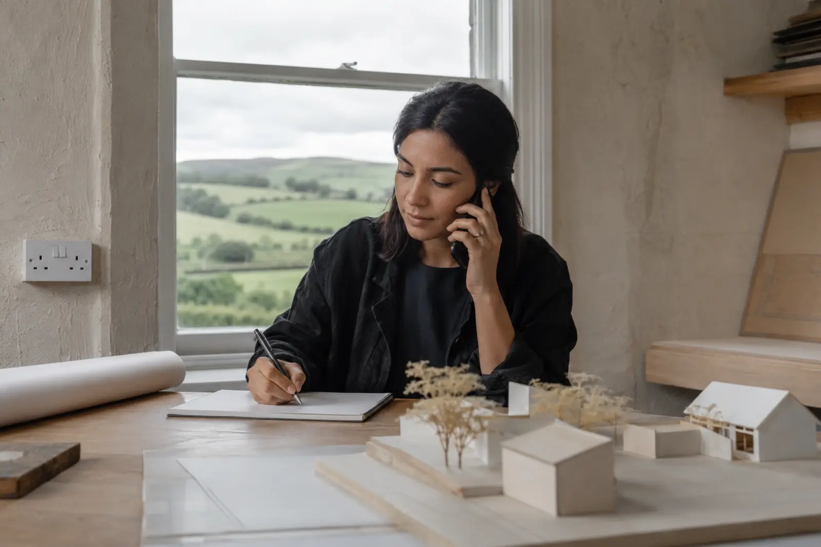 An architect on the phone sketching beside a white study model with countryside through the window