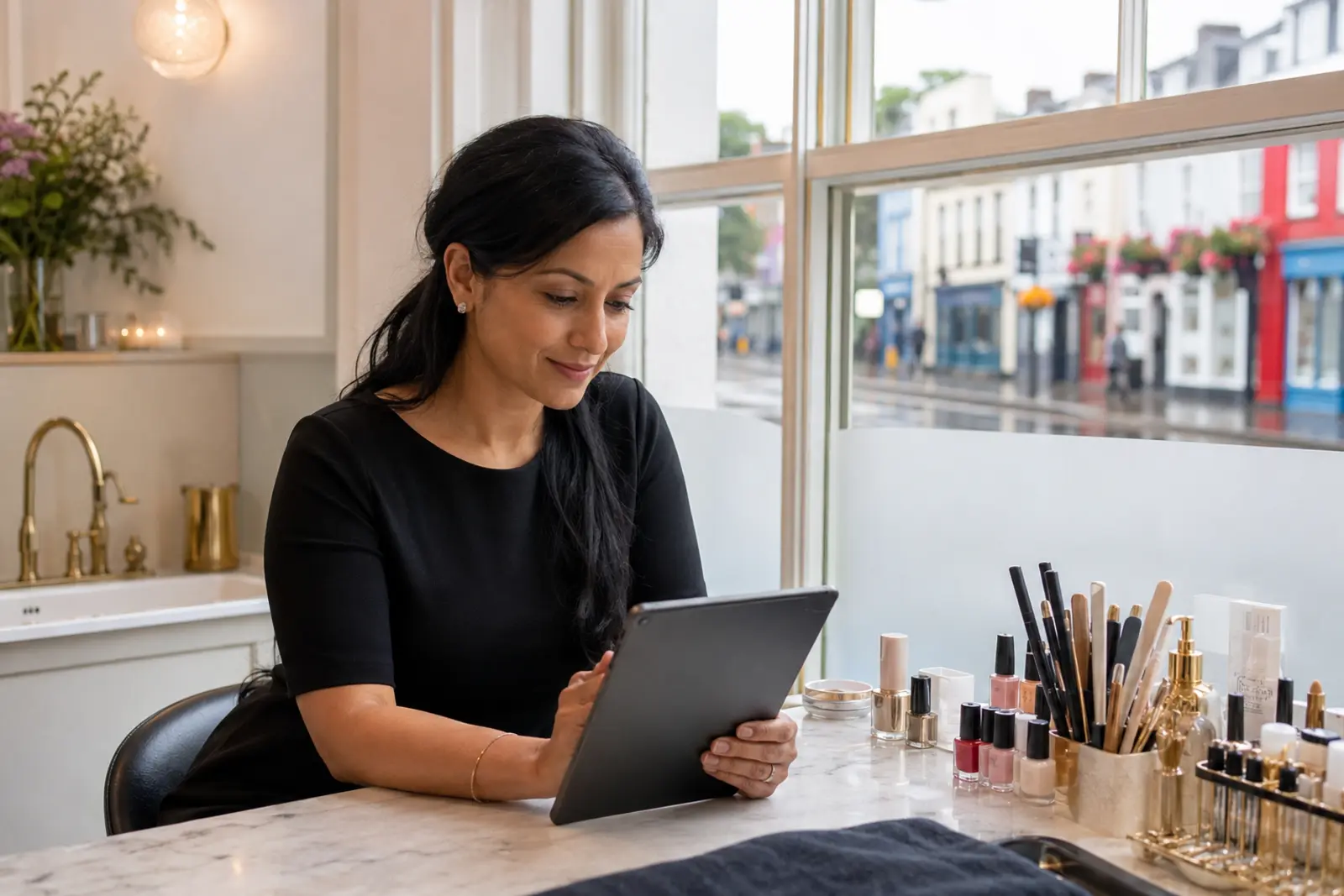 A salon owner using a tablet at her counter with nail polishes and brushes laid out