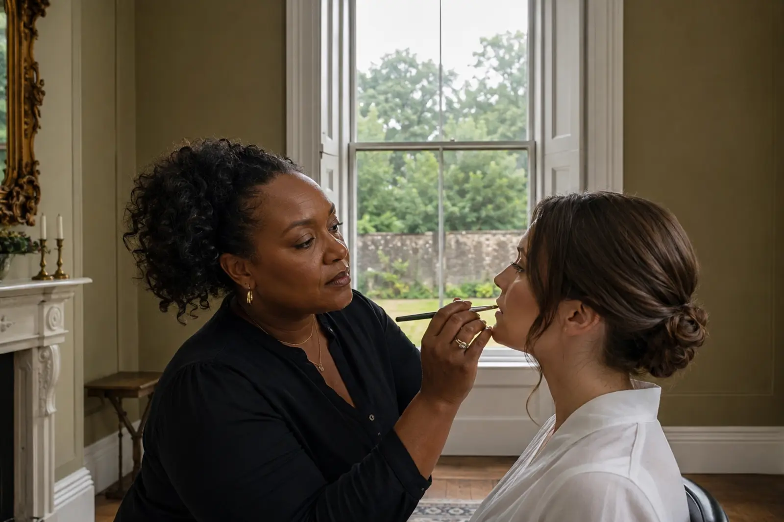 A makeup artist applying bridal makeup in an elegant room by a sash window