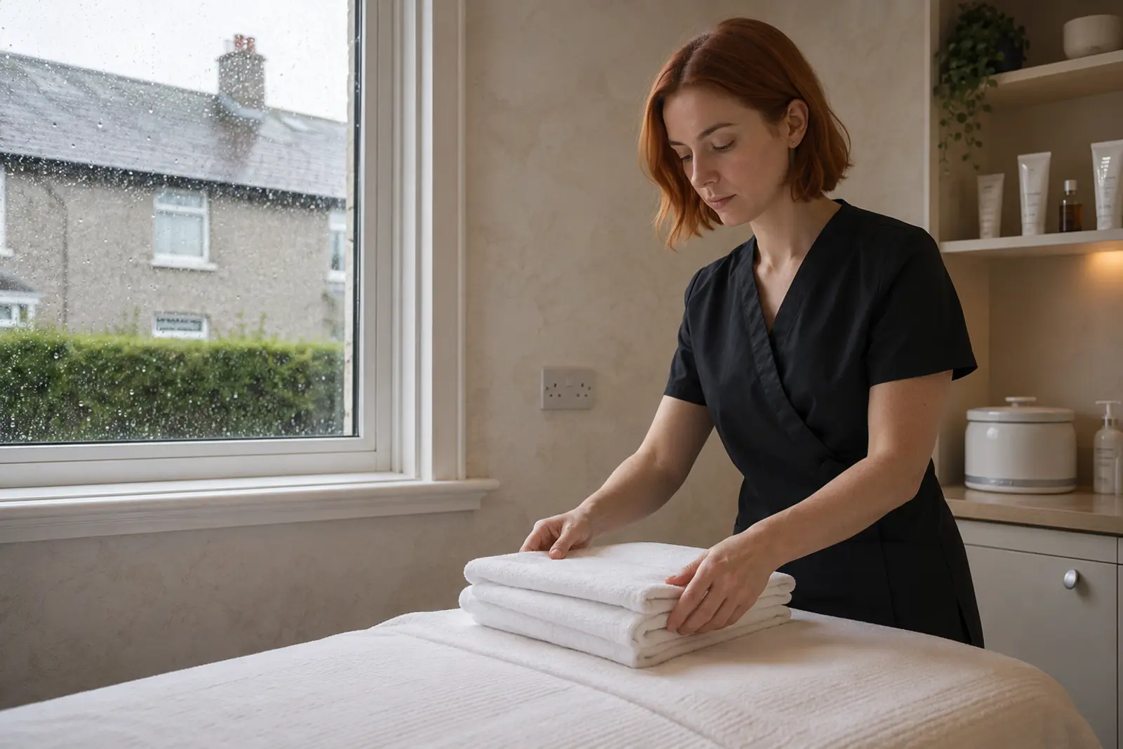 A beauty therapist setting fresh towels on a treatment bed in a salon room