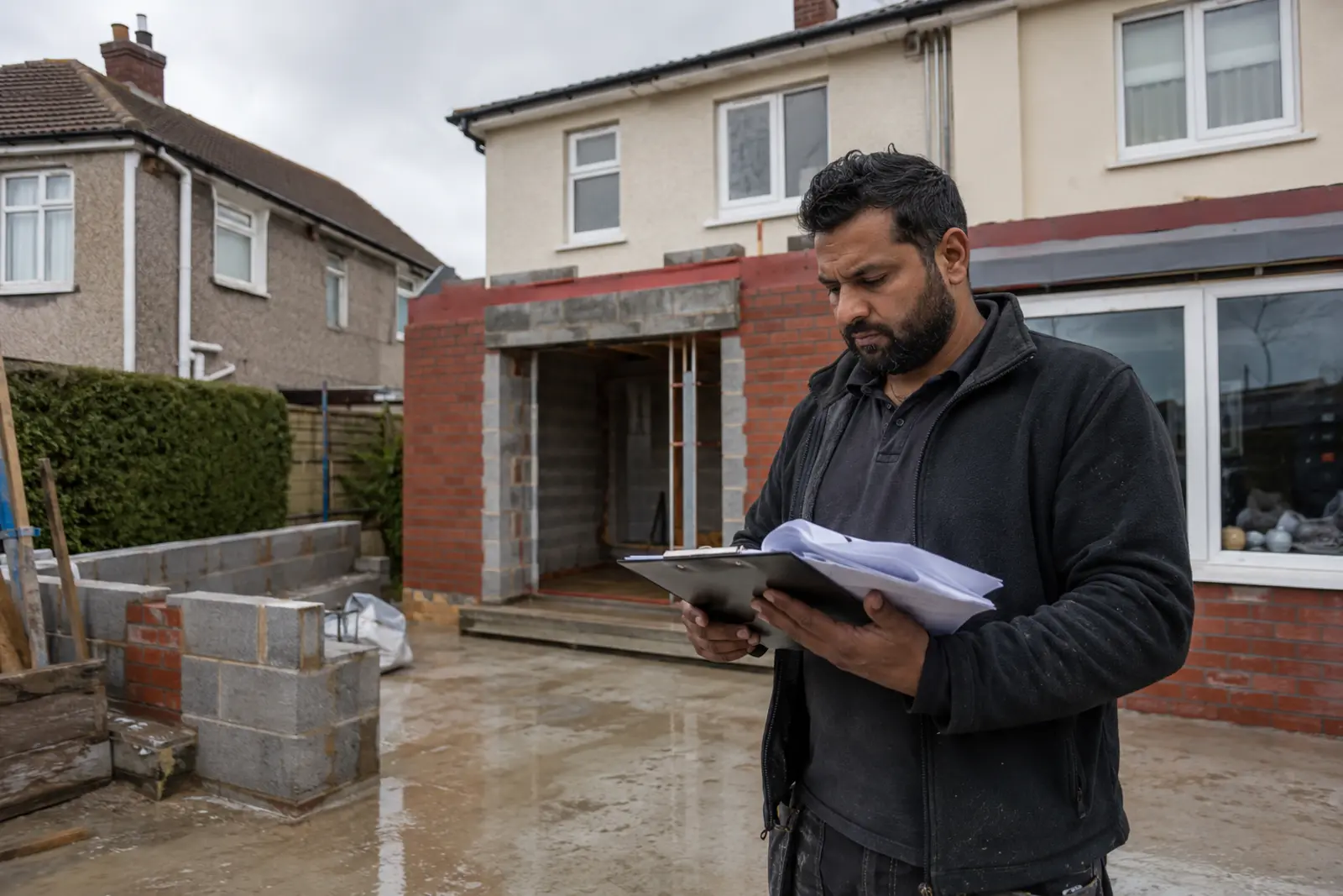 A builder checking paperwork in front of a brick and block house extension