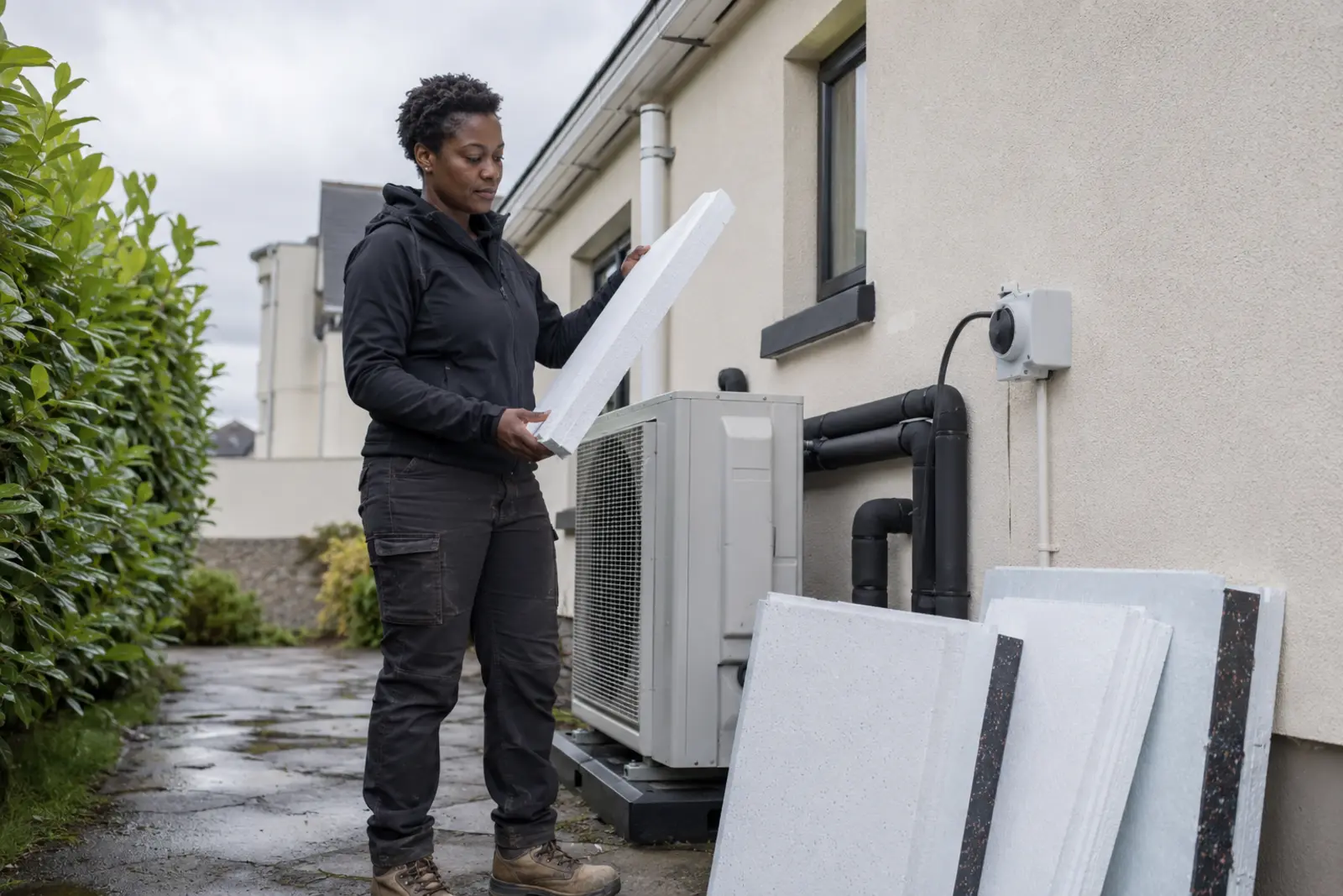 A worker fitting insulation board beside a heat pump on a rendered house wall