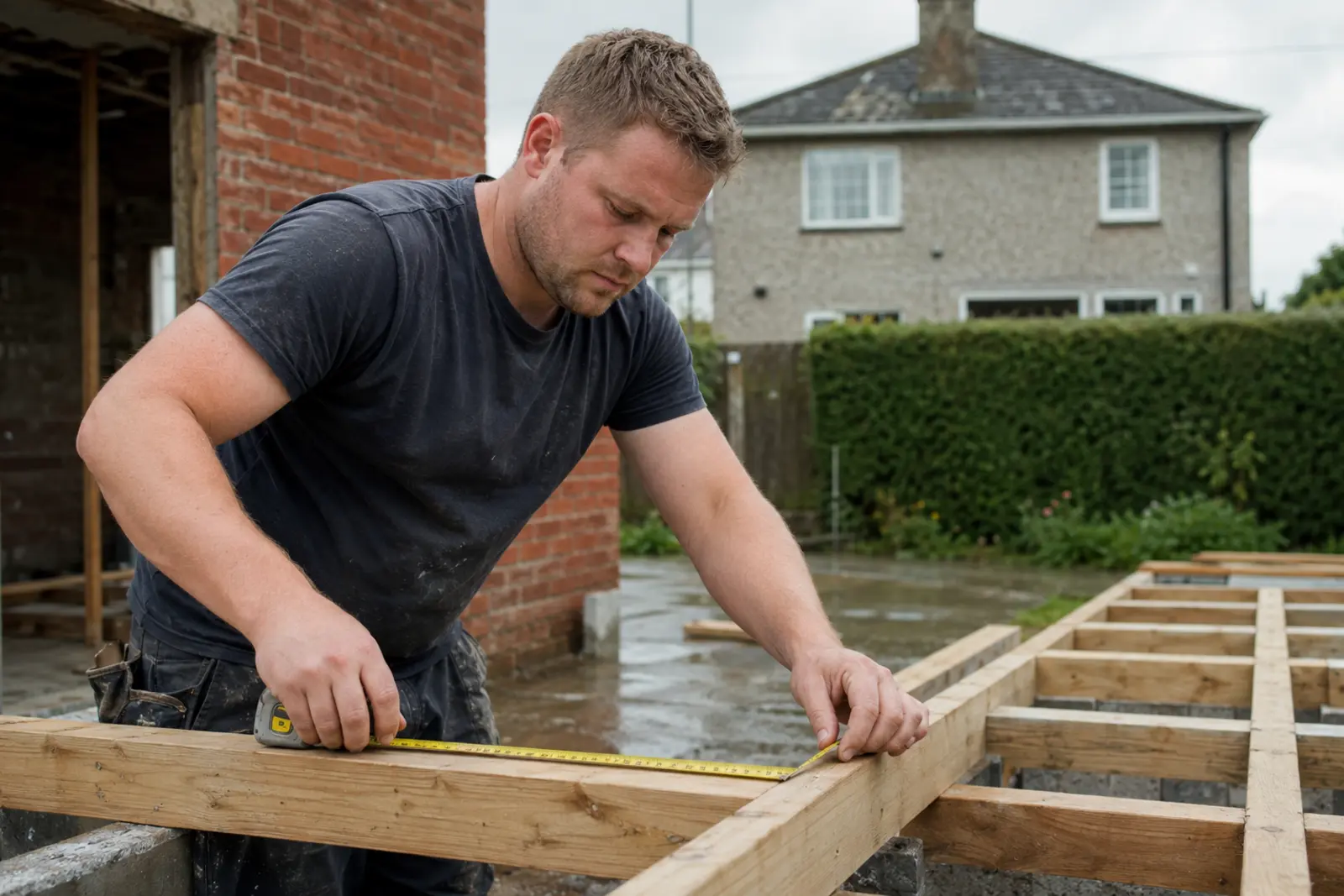 A builder measuring a timber floor joist with a tape at a house extension site