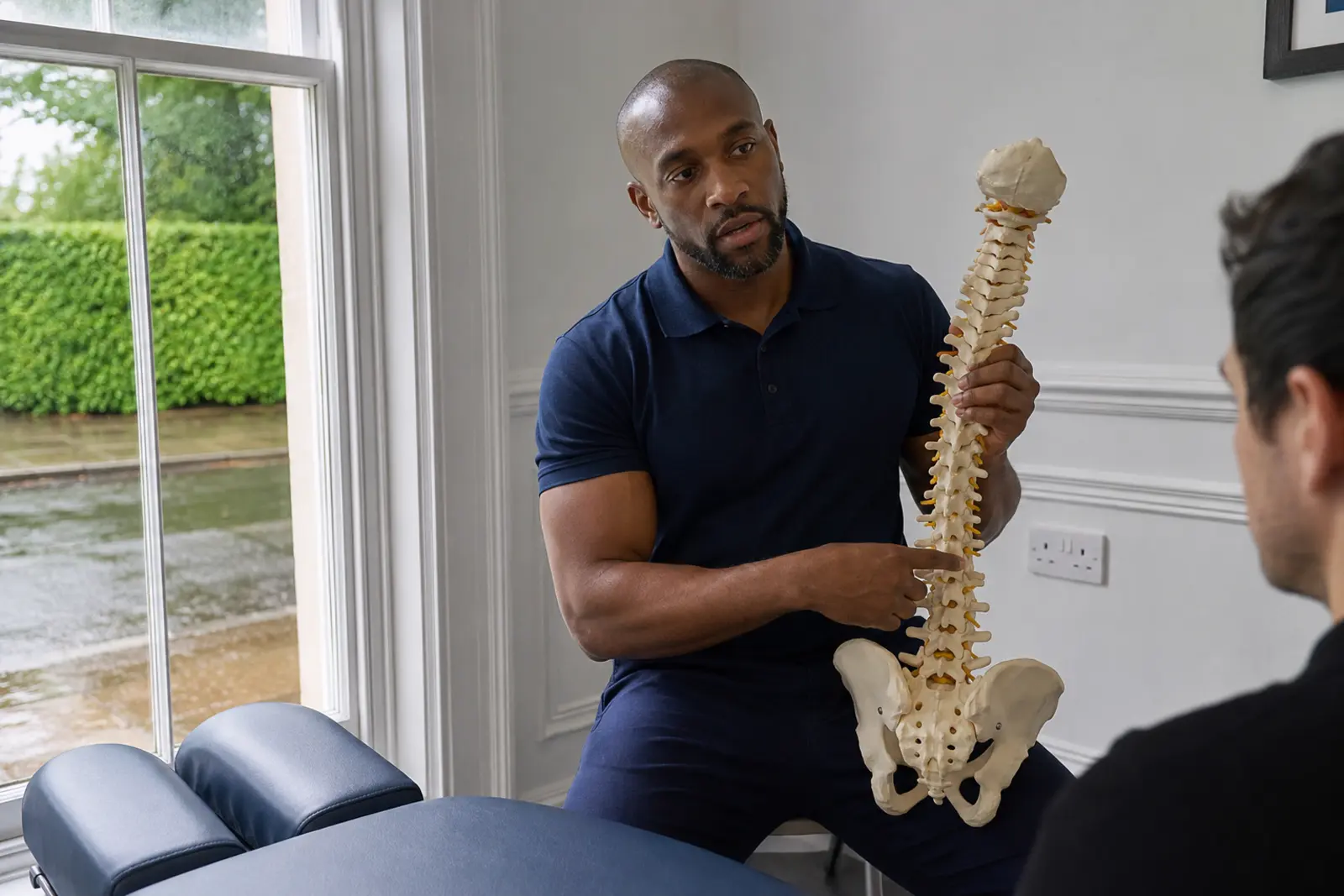 A chiropractor explaining a spine model to a patient in a bright treatment room
