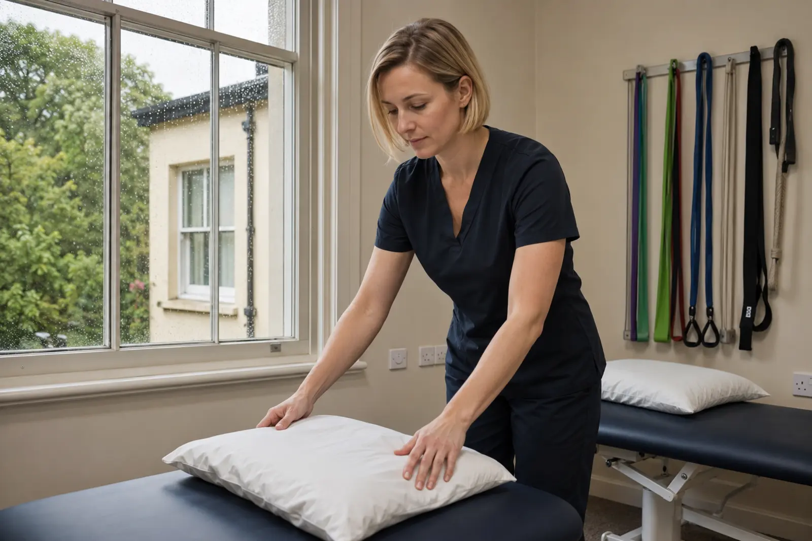 A chiropractor preparing the treatment couch in a clinic room with resistance bands on the wall