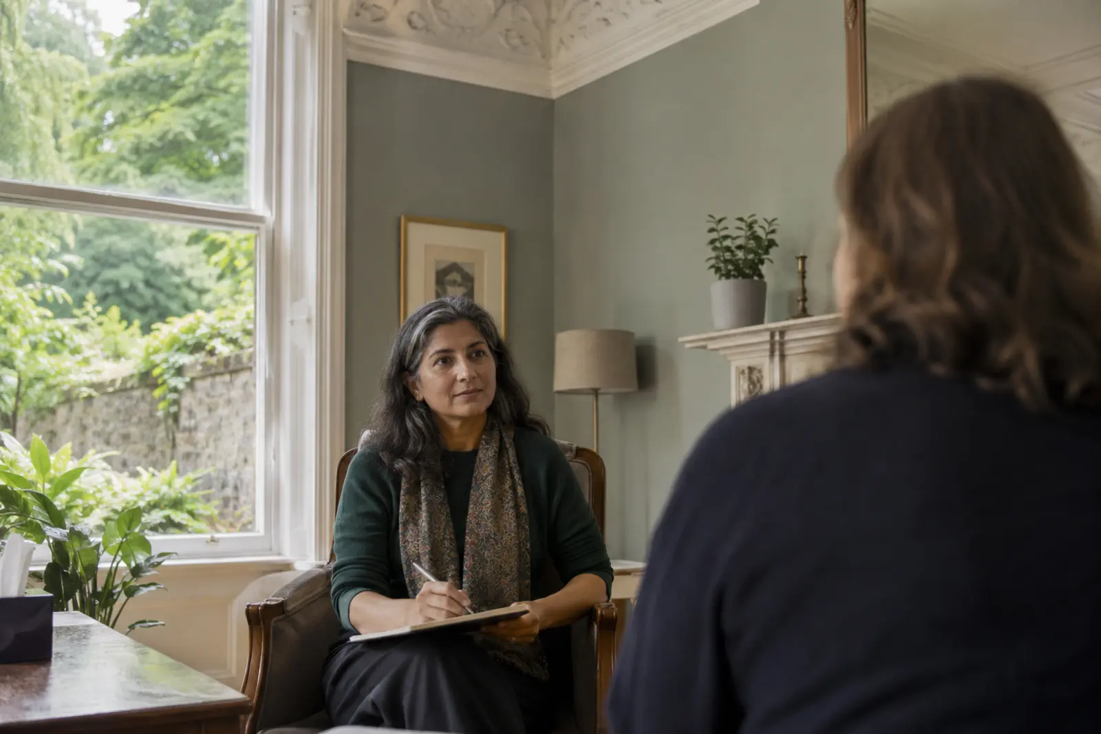 A counsellor taking notes while listening to a client in a calm session room