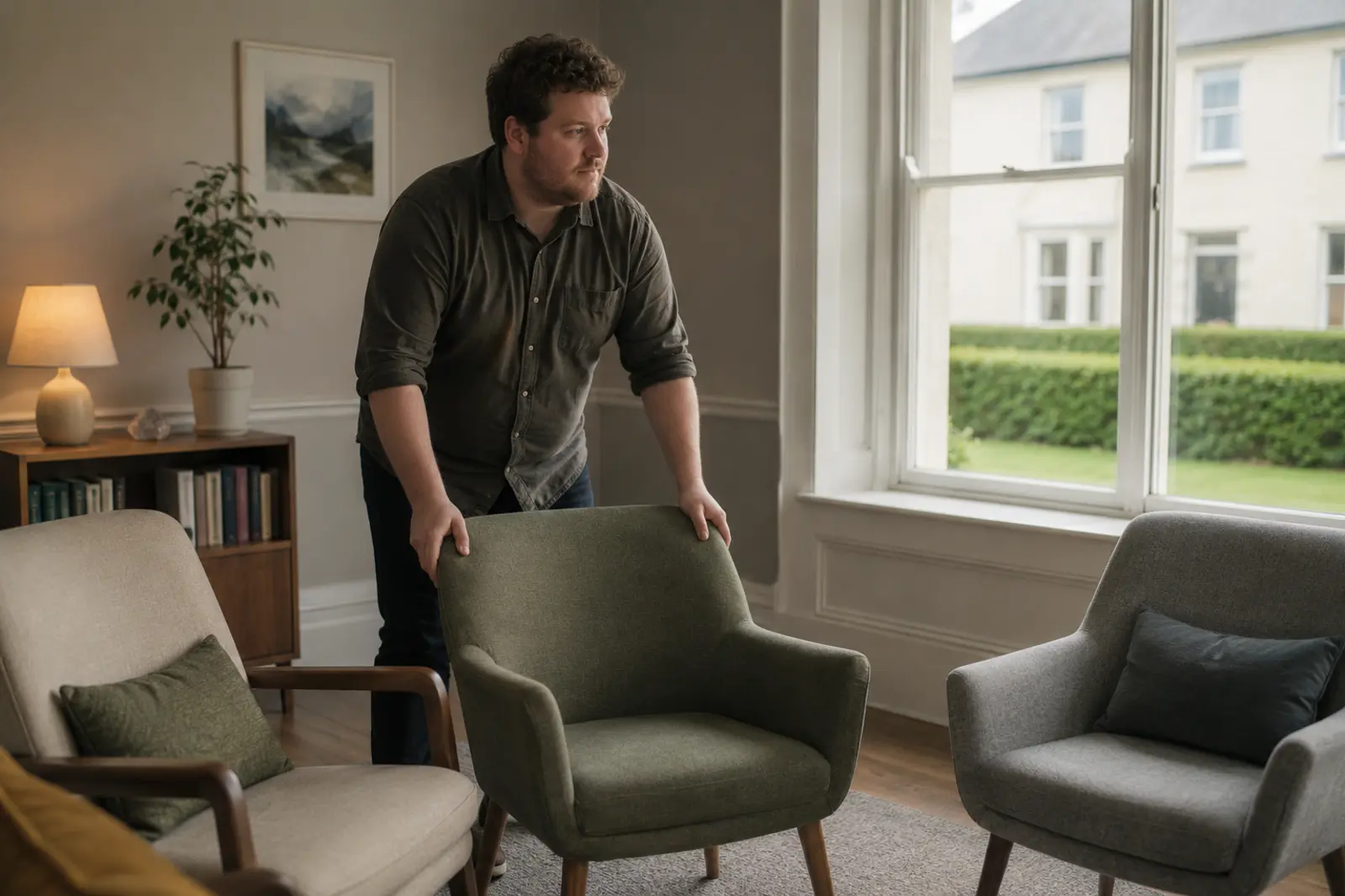 A counsellor arranging the armchairs in a session room before an appointment