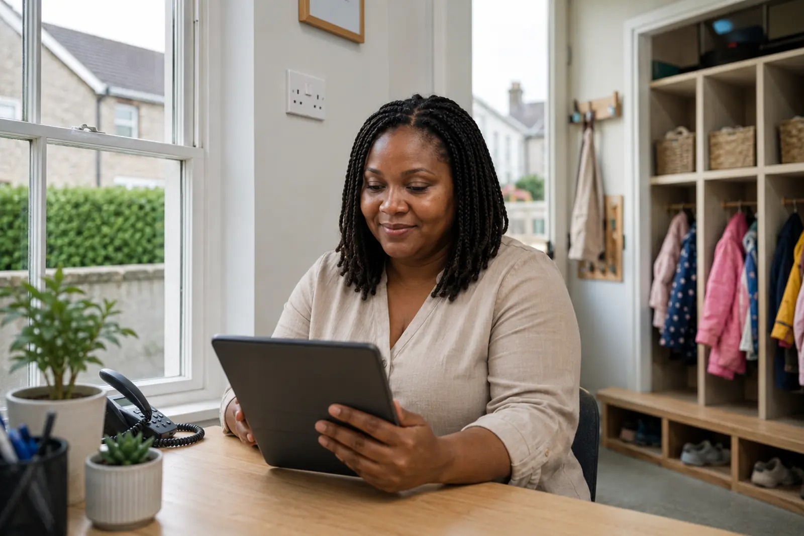 A childcare manager using a tablet at a desk beside the children's coat cubbies