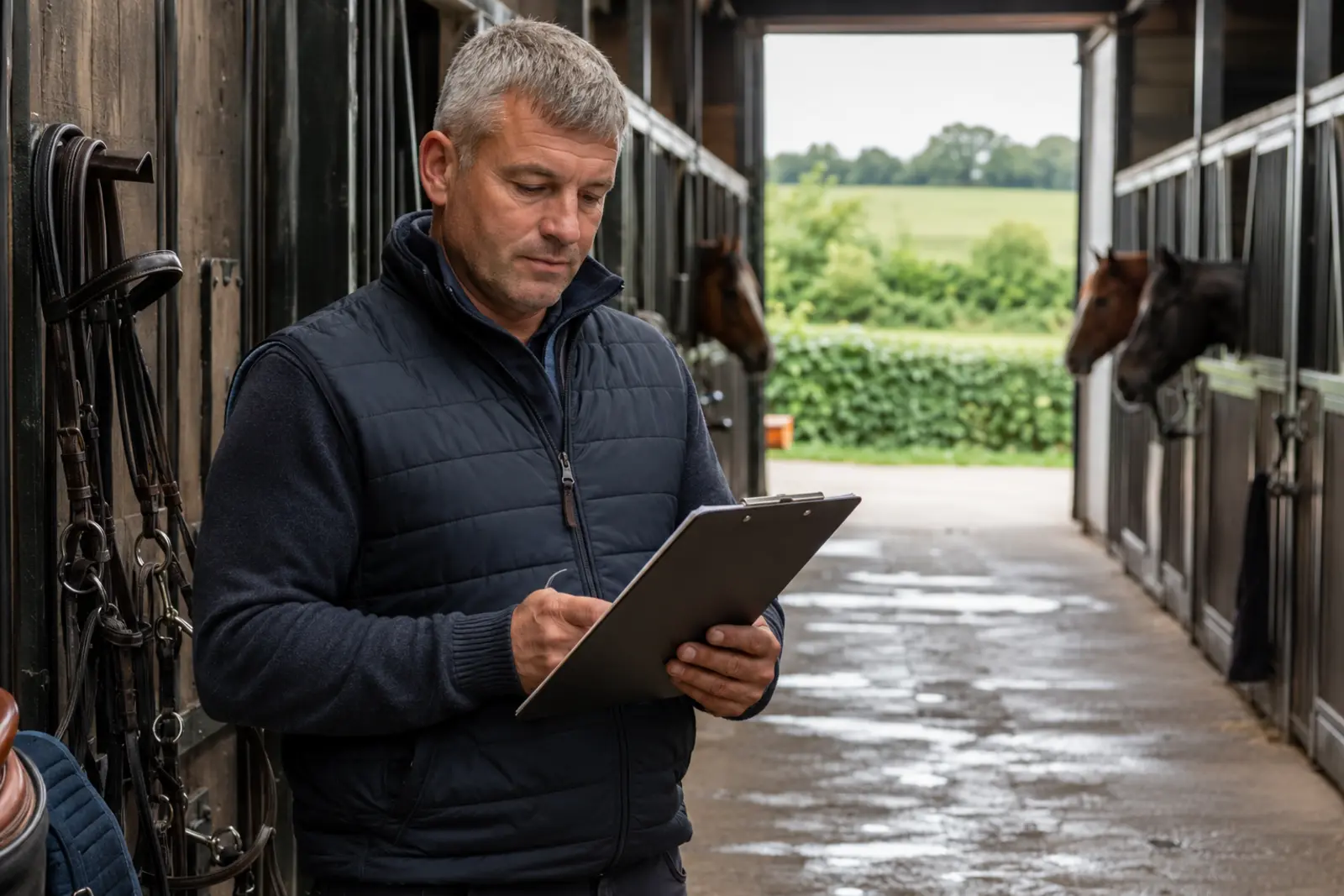 A yard manager writing on a clipboard in a stable aisle as horses look out