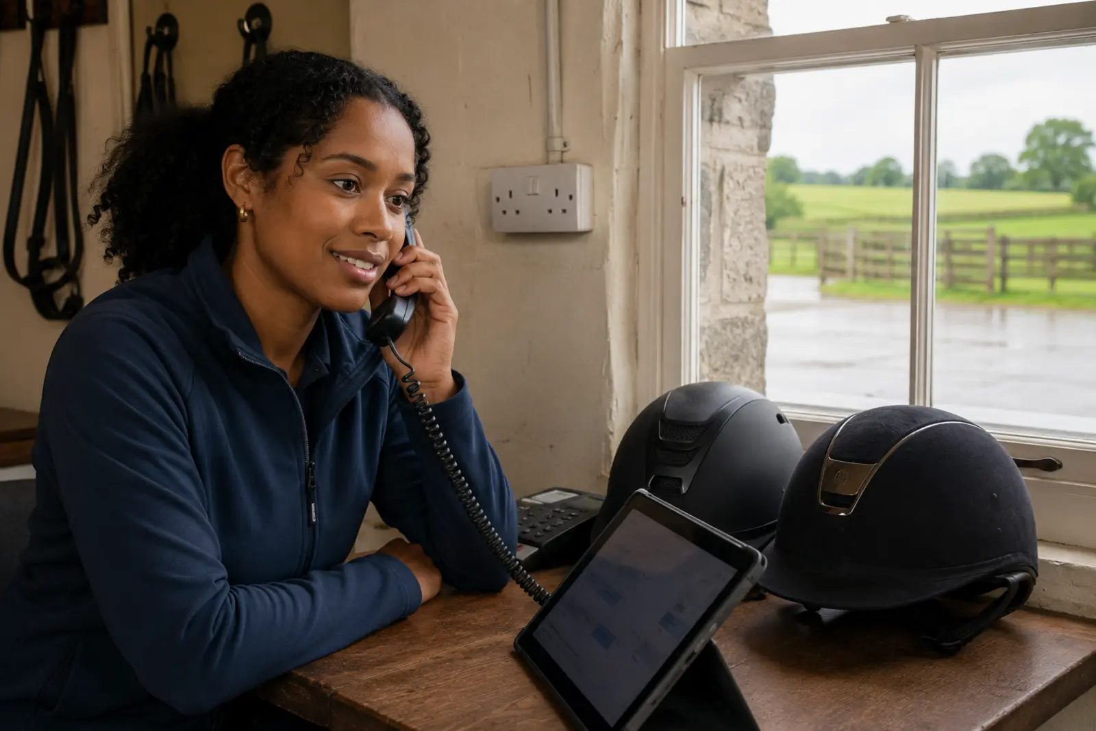 A yard manager taking a booking by phone at a tack room desk with riding helmets